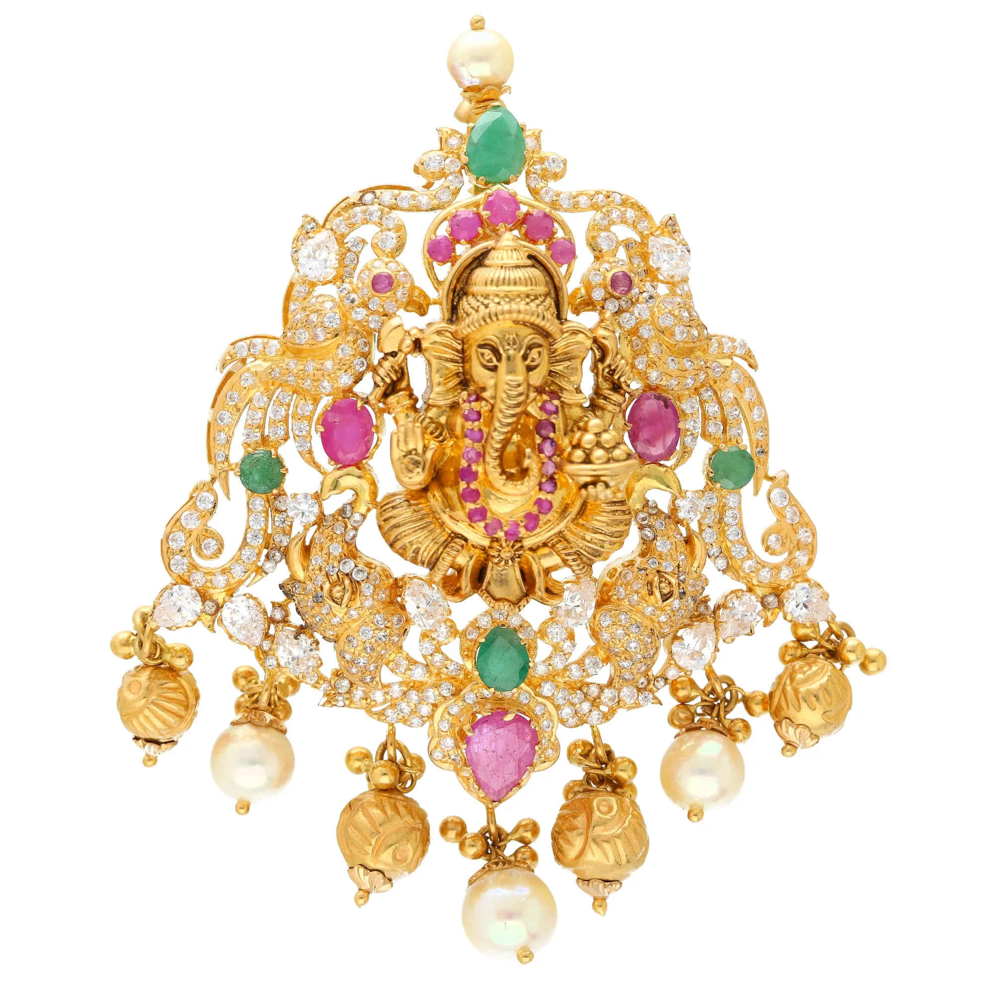 22K Yellow Gold Ganesh Pendant w/ Emeralds, Rubies, CZ, and Pearls (32.8gm)