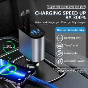 4 in 1 Retractable Fast Car Phone Charger 120W (Type-C, iOS, USB-C & USB interface)