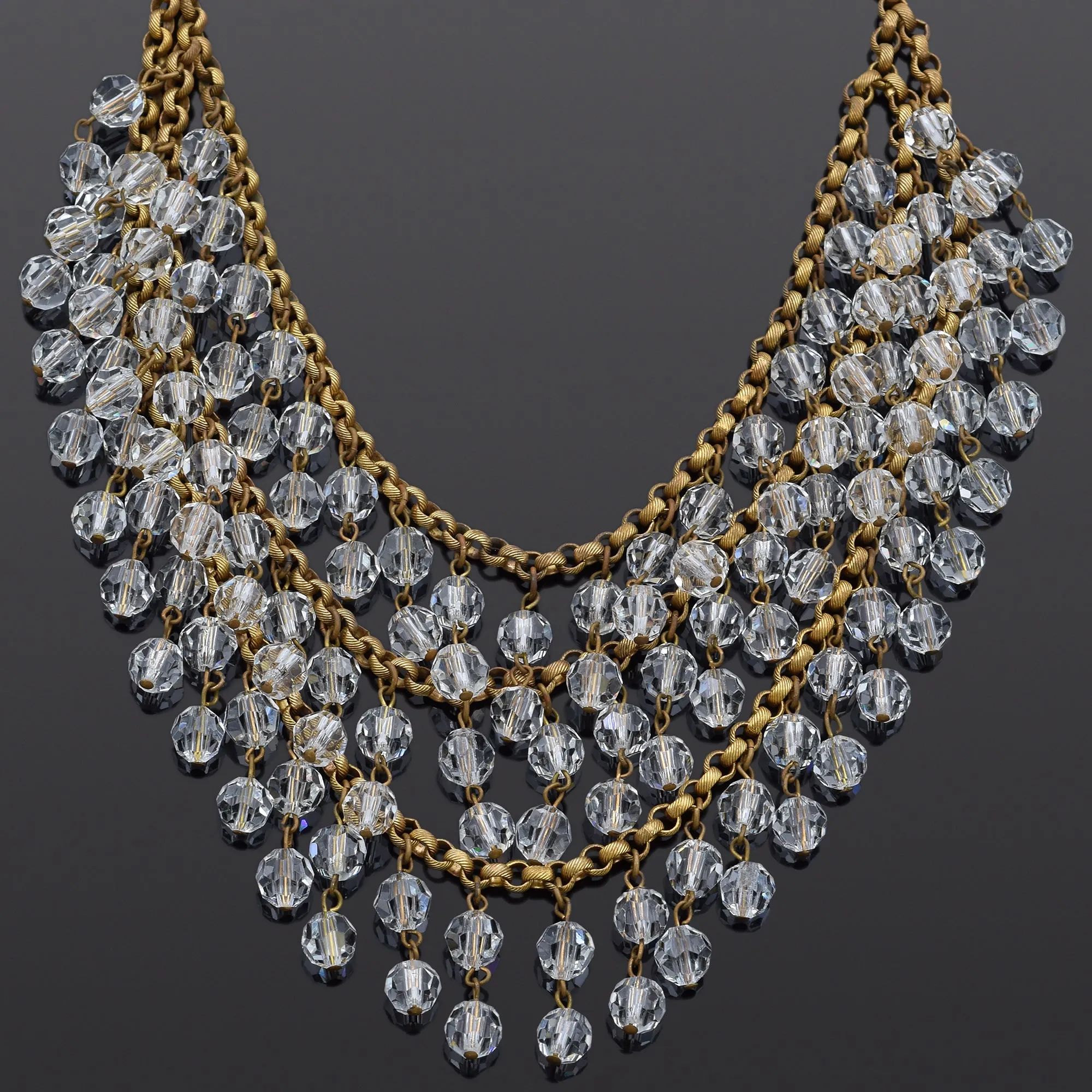 Antique Faceted Crystal Gold Filled Beaded Bib Statement Necklace