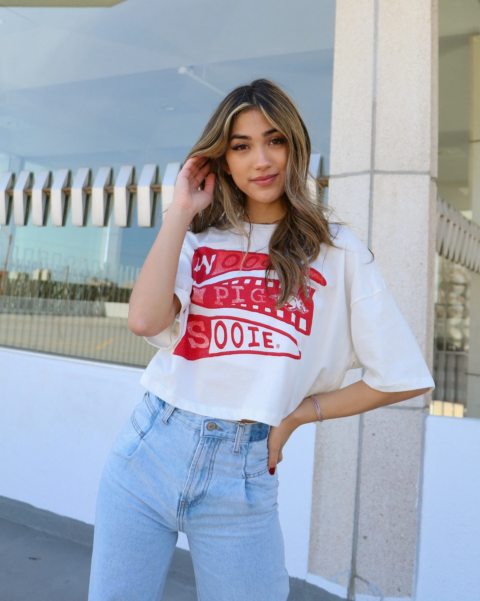 Arkansas Razorbacks Pennant White Cropped Tee