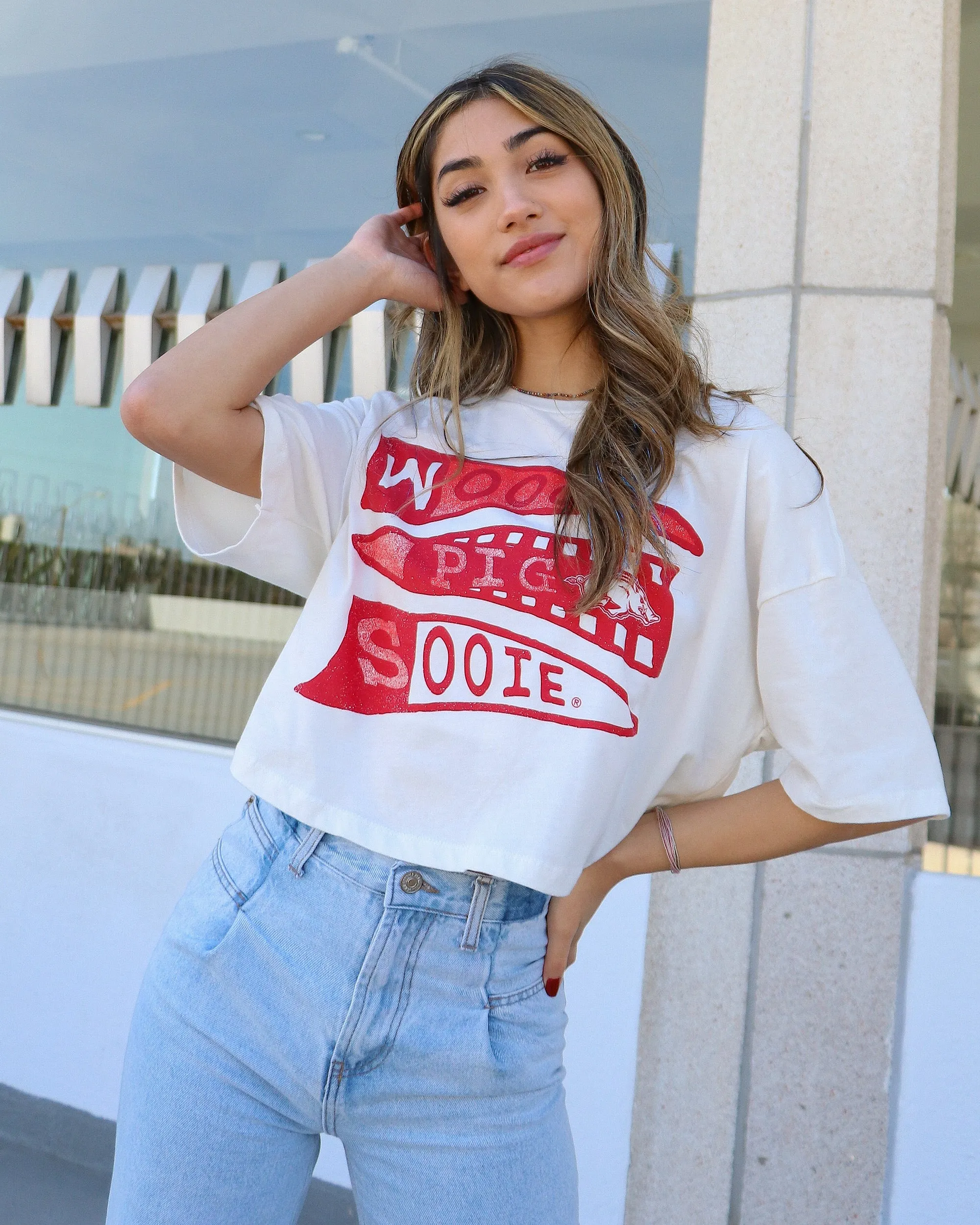 Arkansas Razorbacks Pennant White Cropped Tee