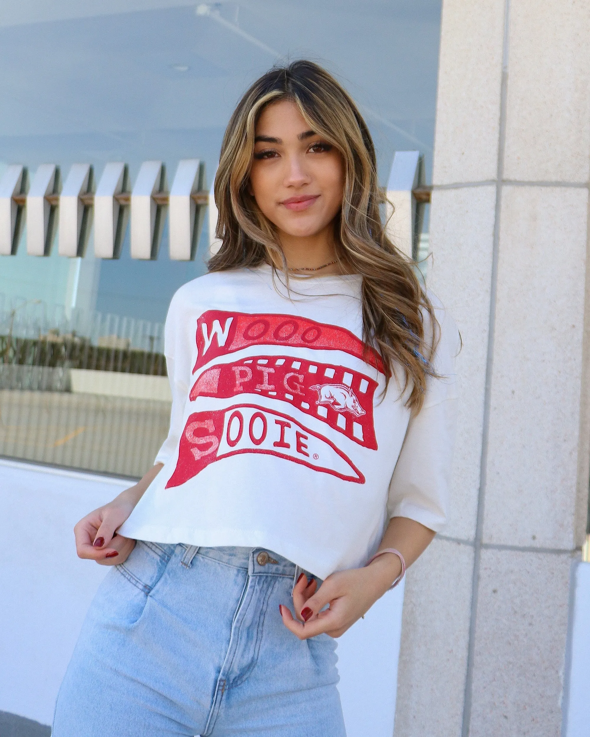 Arkansas Razorbacks Pennant White Cropped Tee