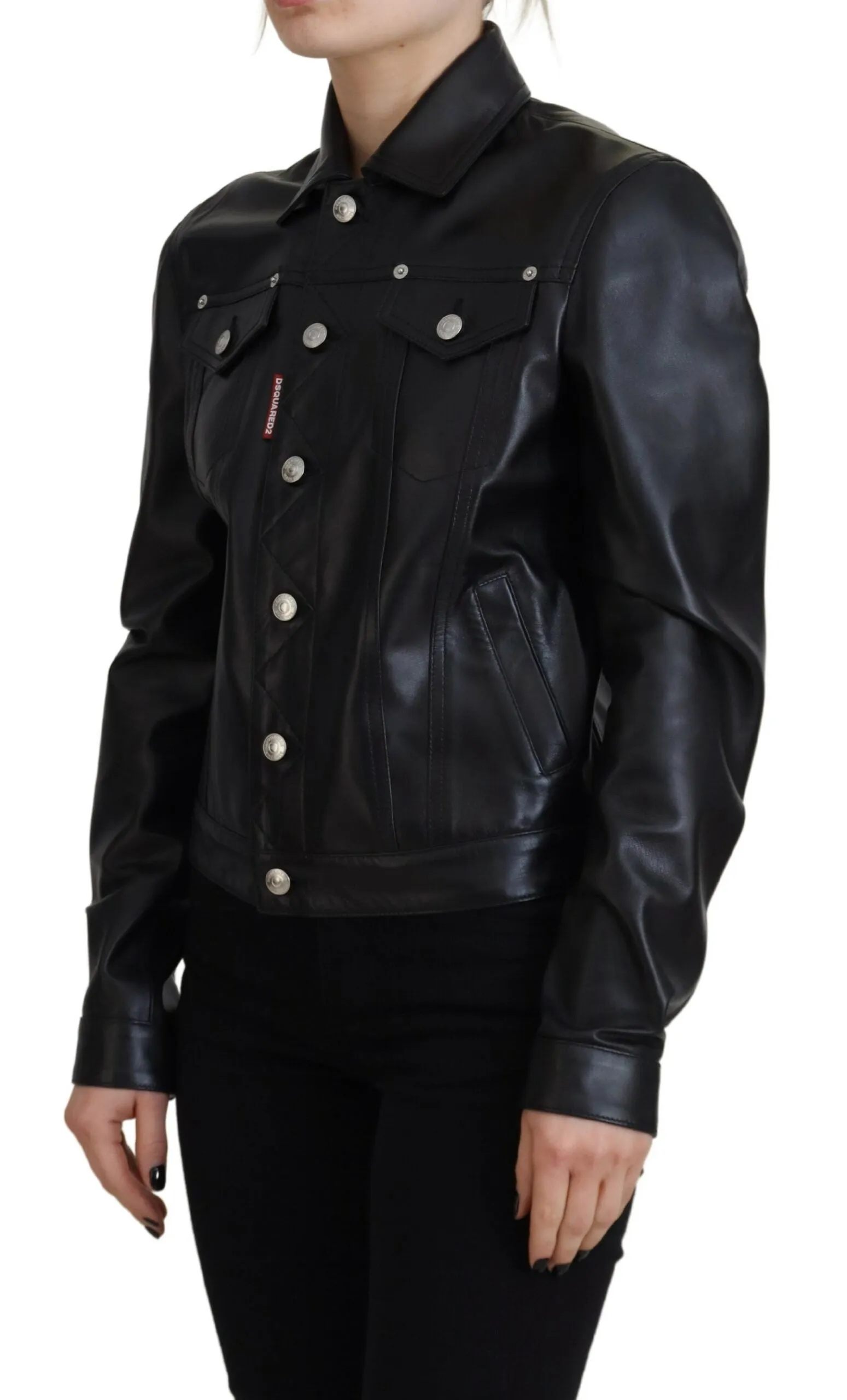 Black Leather Collared Long Sleeves Jacket