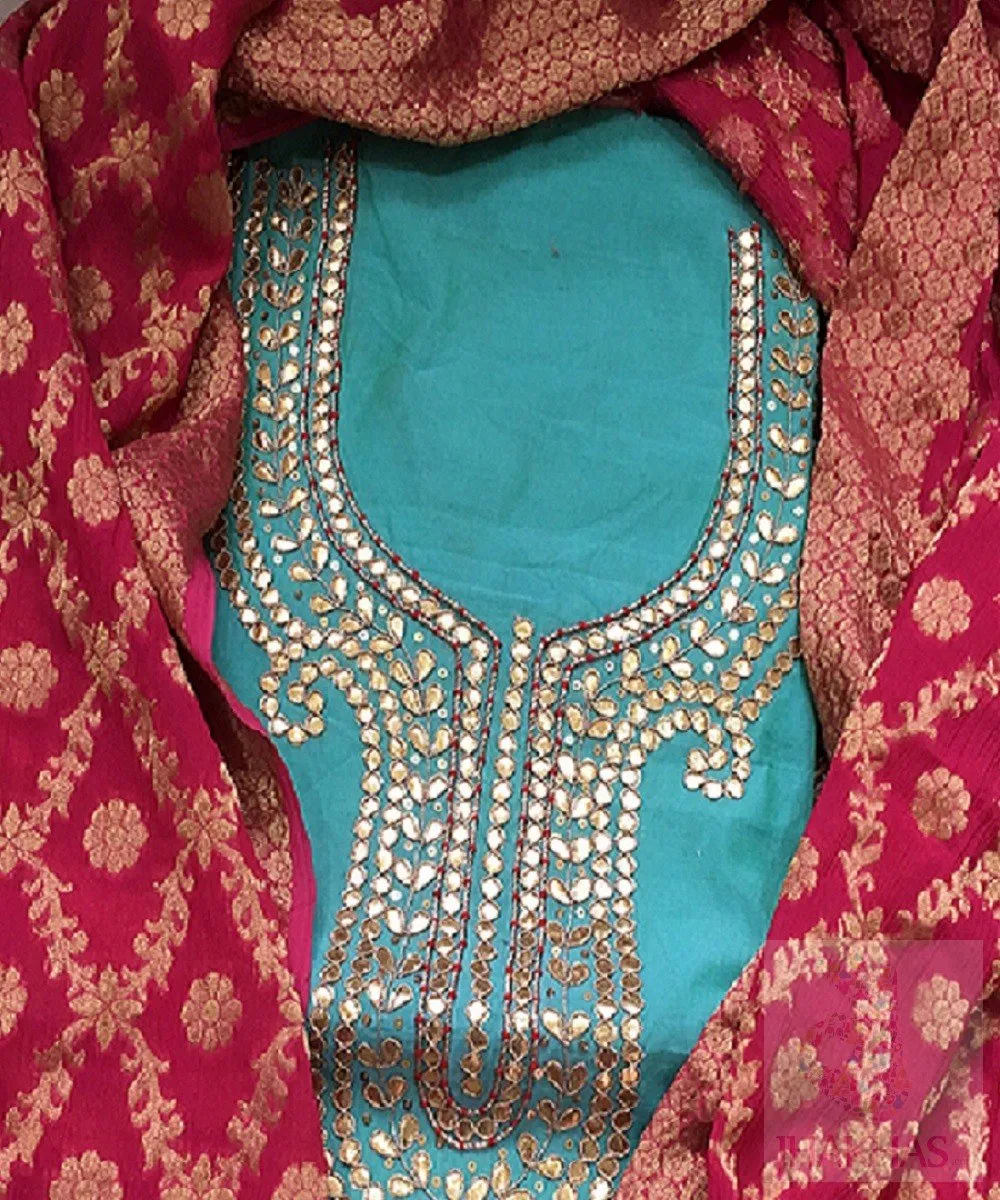 Blue Gota Patti Kurta With Pink Banarsee Dupatta