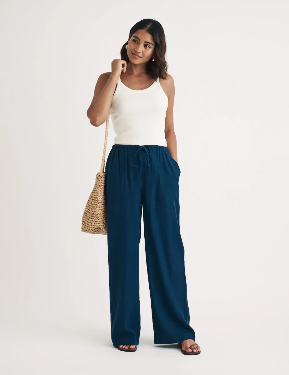 Blue Linen-blend Drawstring Trousers