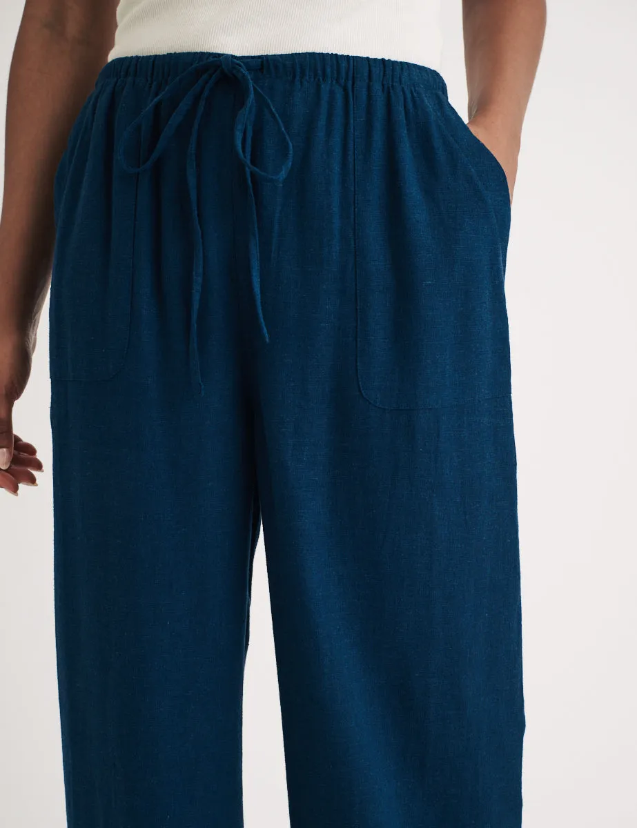 Blue Linen-blend Drawstring Trousers