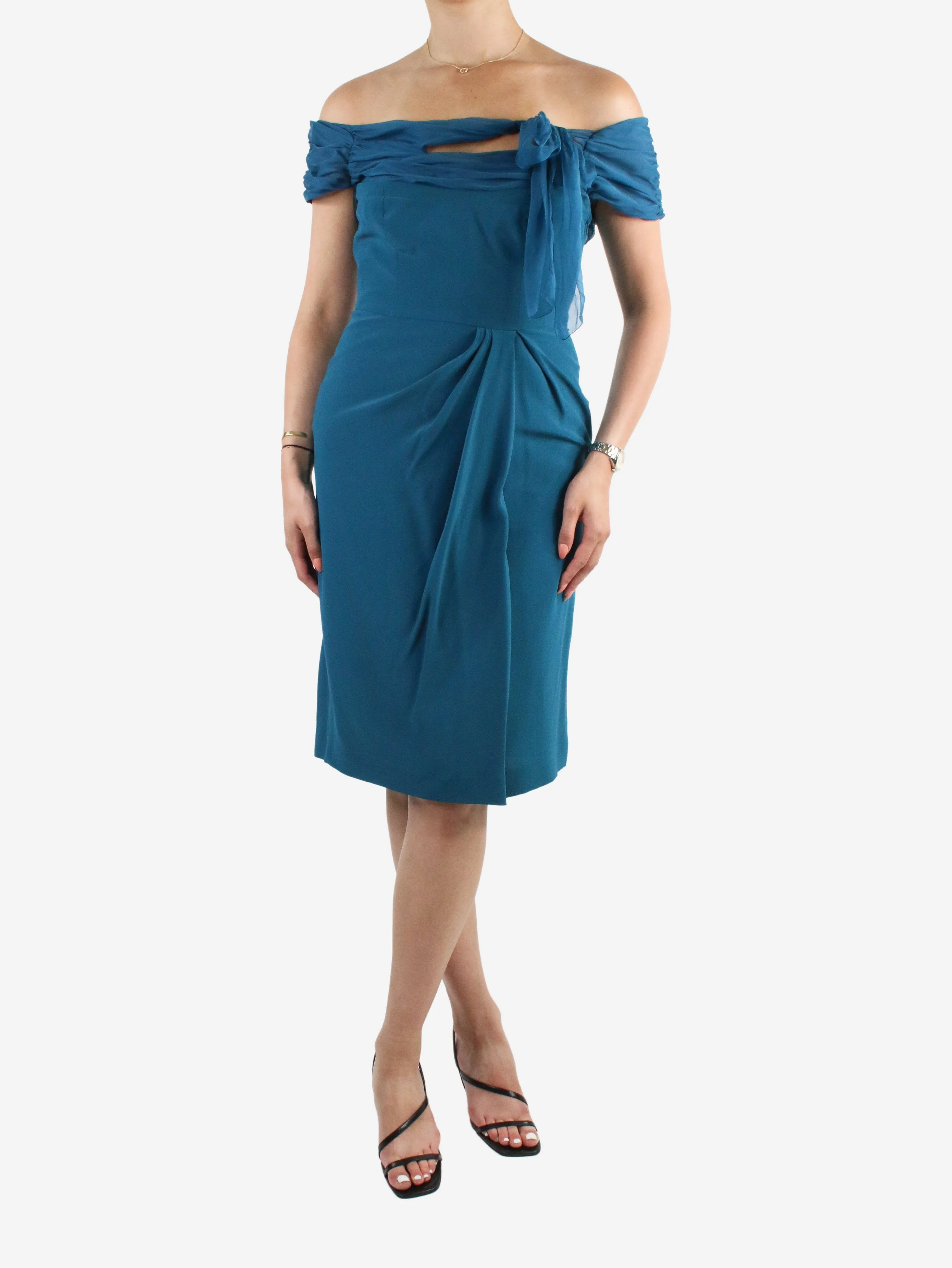 Blue off-the-shoulder midi dress - size UK 10