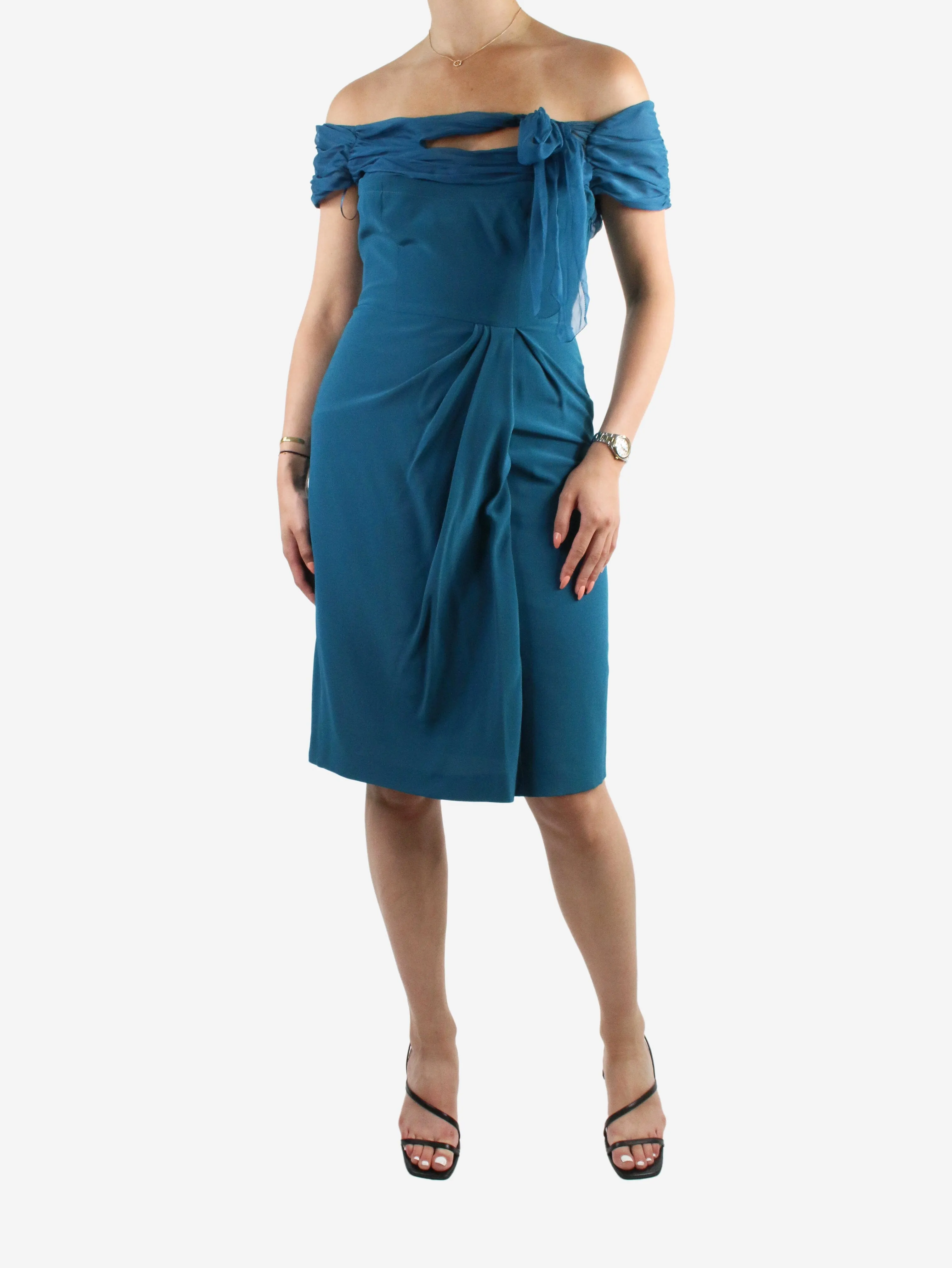 Blue off-the-shoulder midi dress - size UK 10