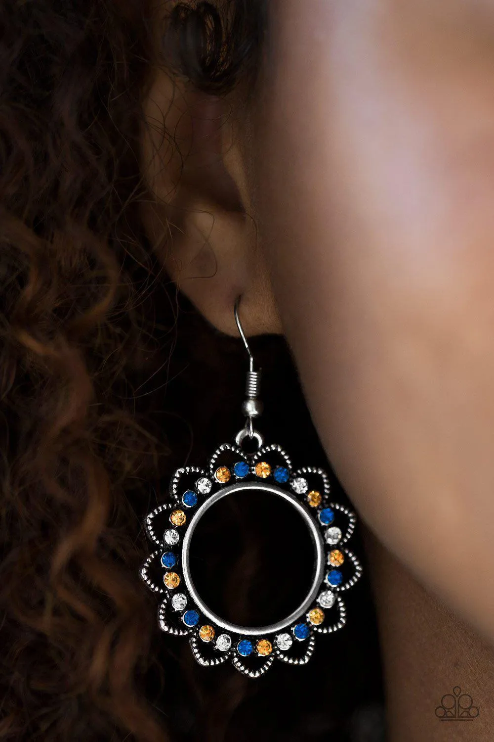 Bring Your Tambourine Multi - Blue and Orange Rhinestone Earrings - Paparazzi Accessories