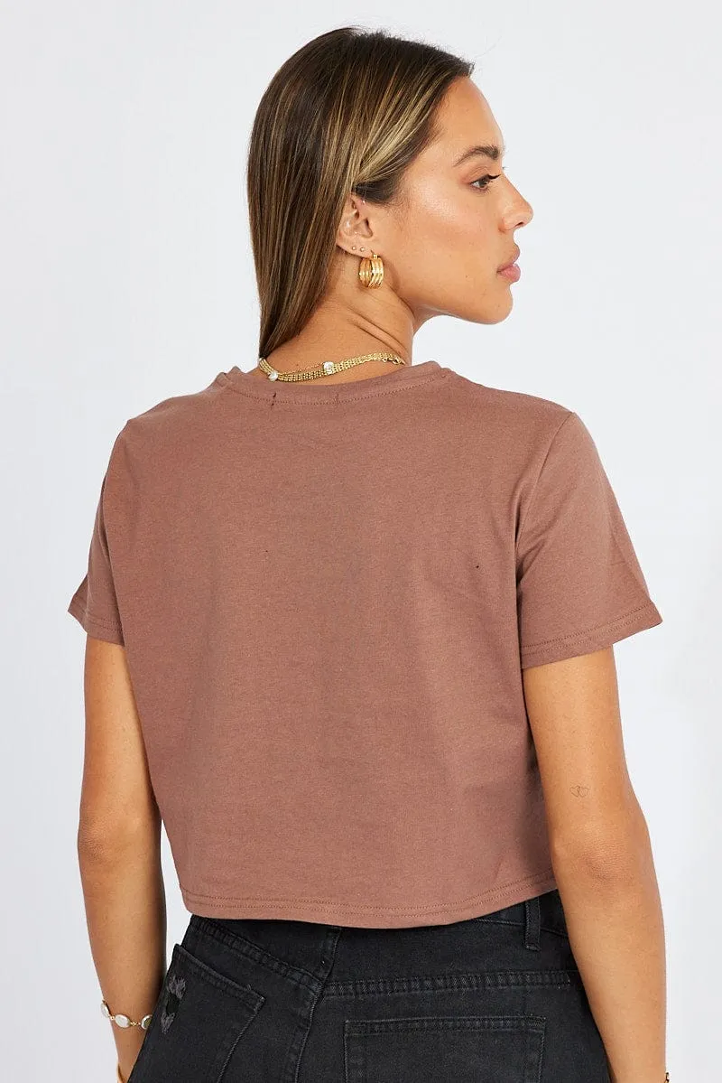 Brown Crop T Shirt Short Sleeve Crew Neck