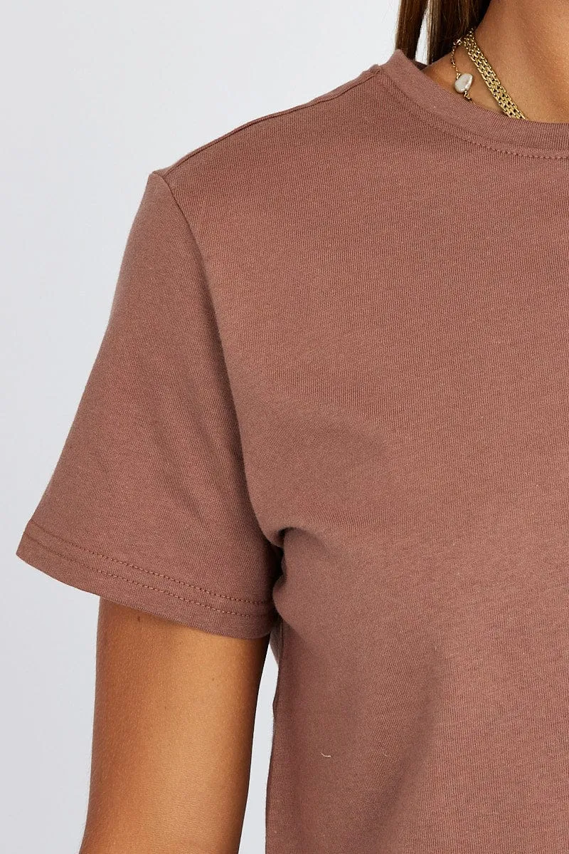 Brown Crop T Shirt Short Sleeve Crew Neck