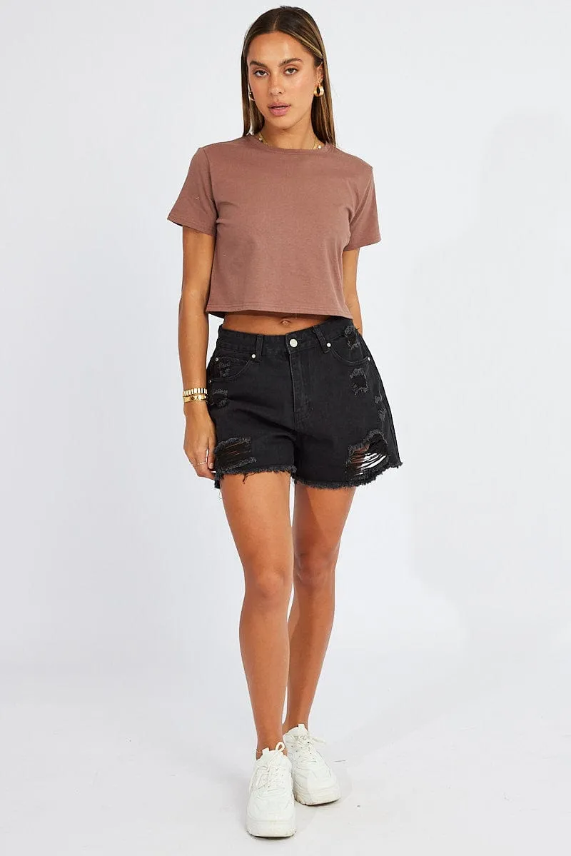 Brown Crop T Shirt Short Sleeve Crew Neck