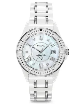 Bulova Womens Marine Star Watch - White Ceramic - Diamonds - Mother of Pearl