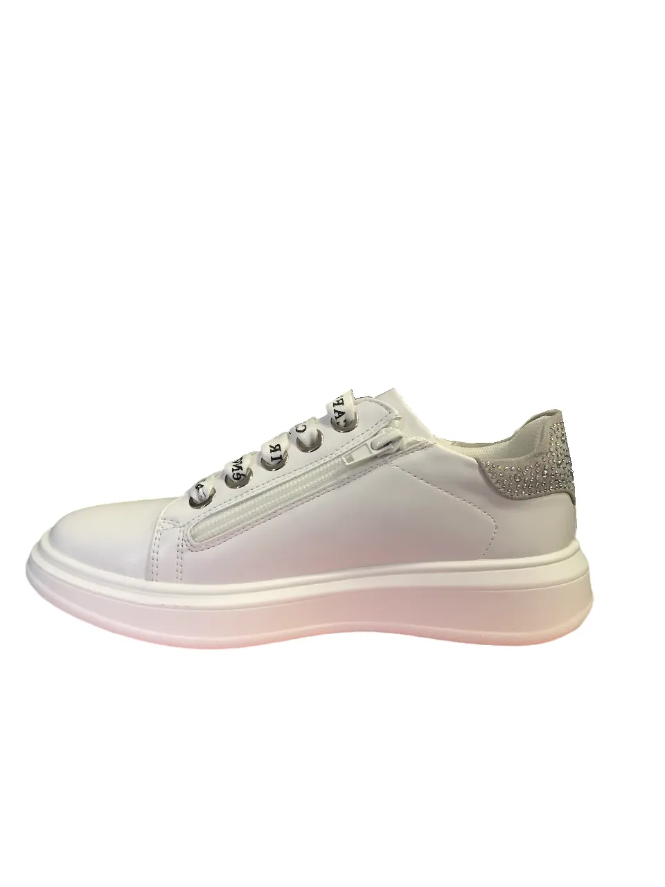 CafèNoir girls' sneakers with printed upper, lace and side zip C-2080 white-silver