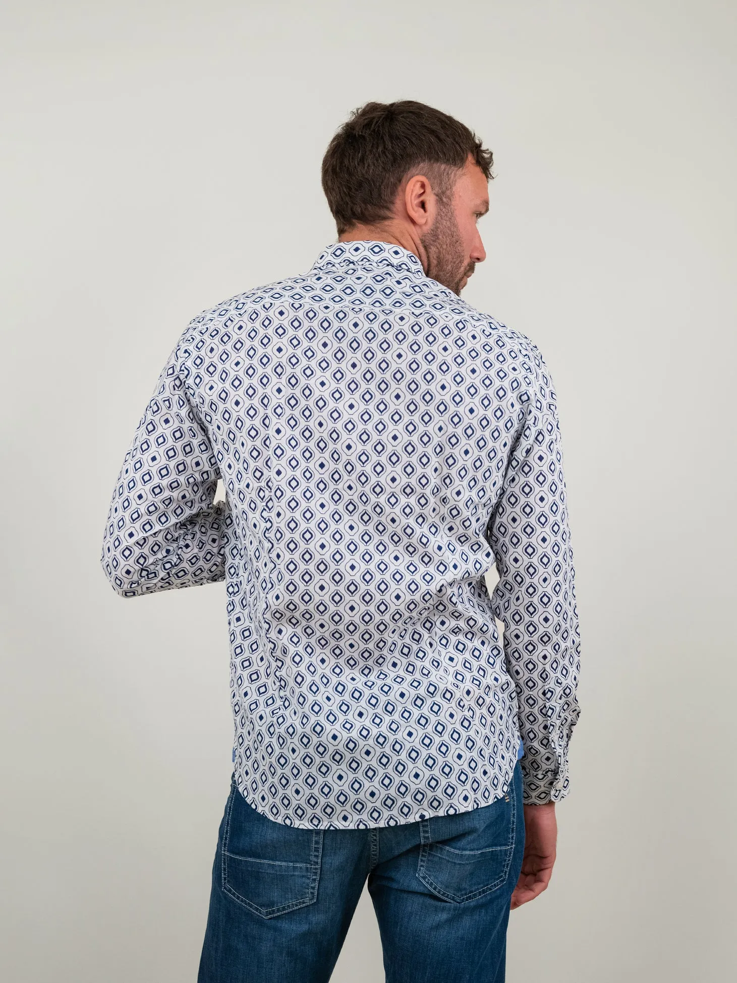 CAMICIA IN LINO FANTASIA A ROMBI BLU