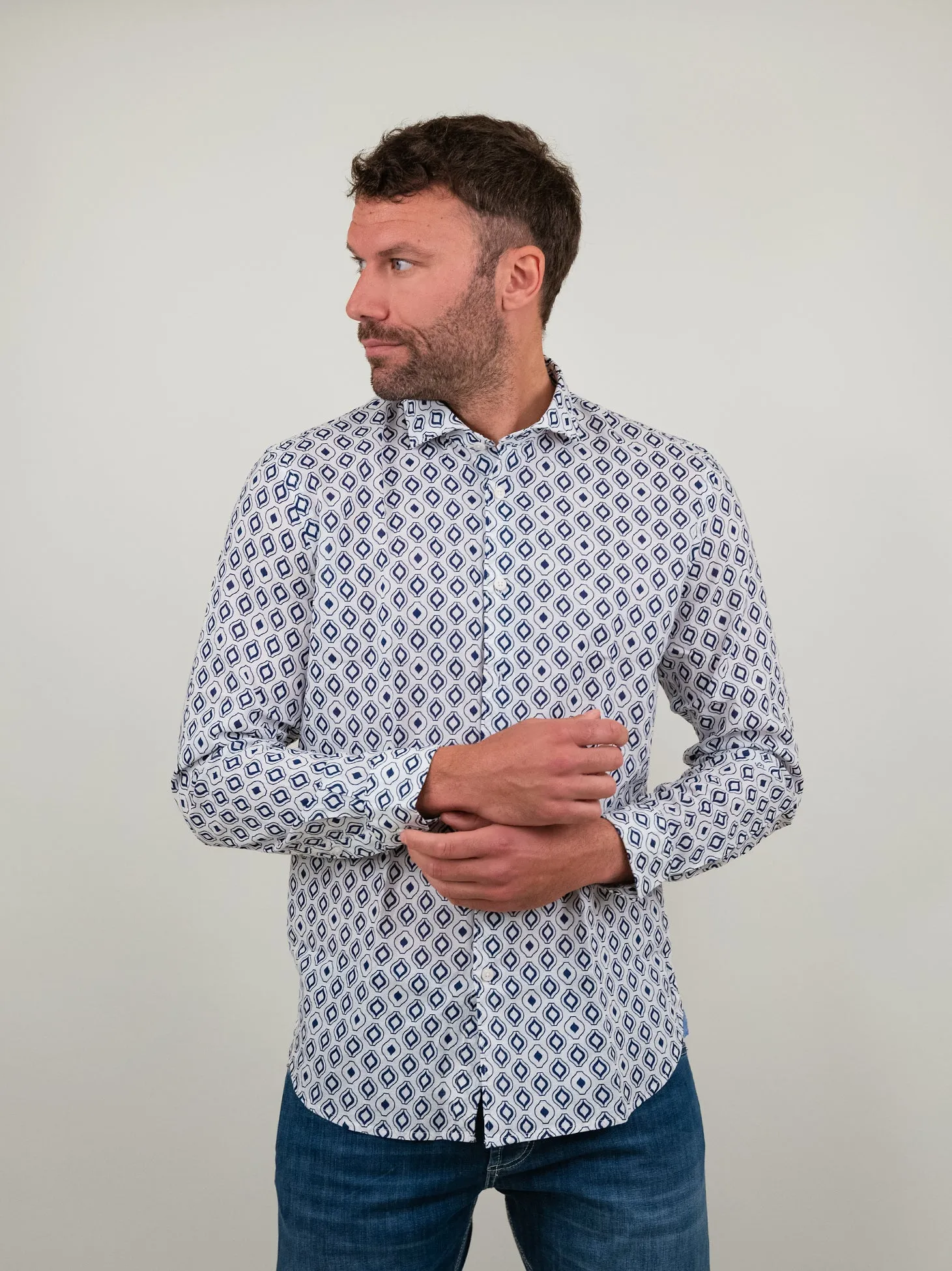 CAMICIA IN LINO FANTASIA A ROMBI BLU