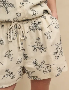 Cream Floral Embroidered Shorts