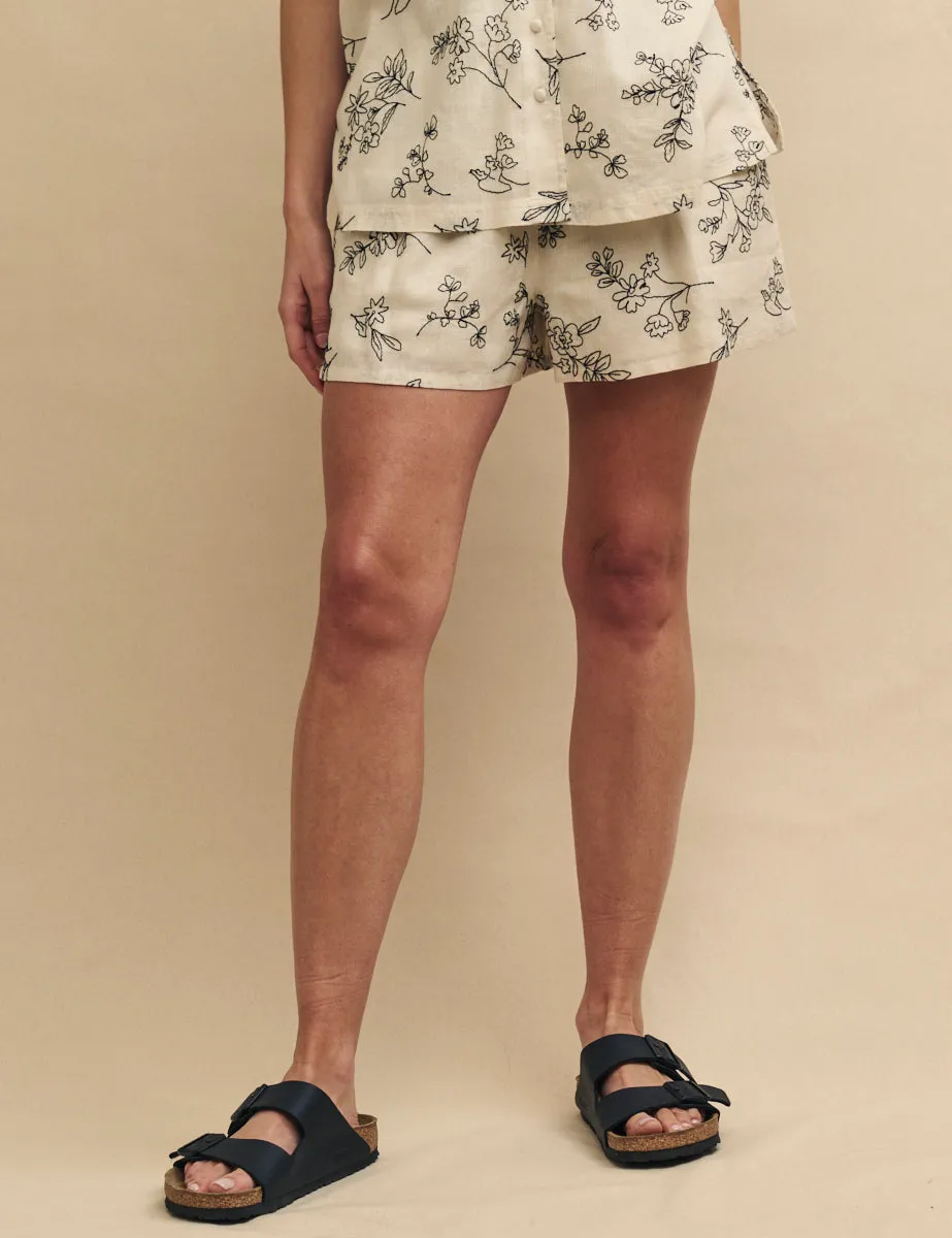 Cream Floral Embroidered Shorts