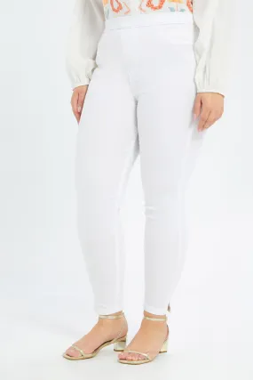 Curvy White Skinny Basic Jeggings With Slit Hem