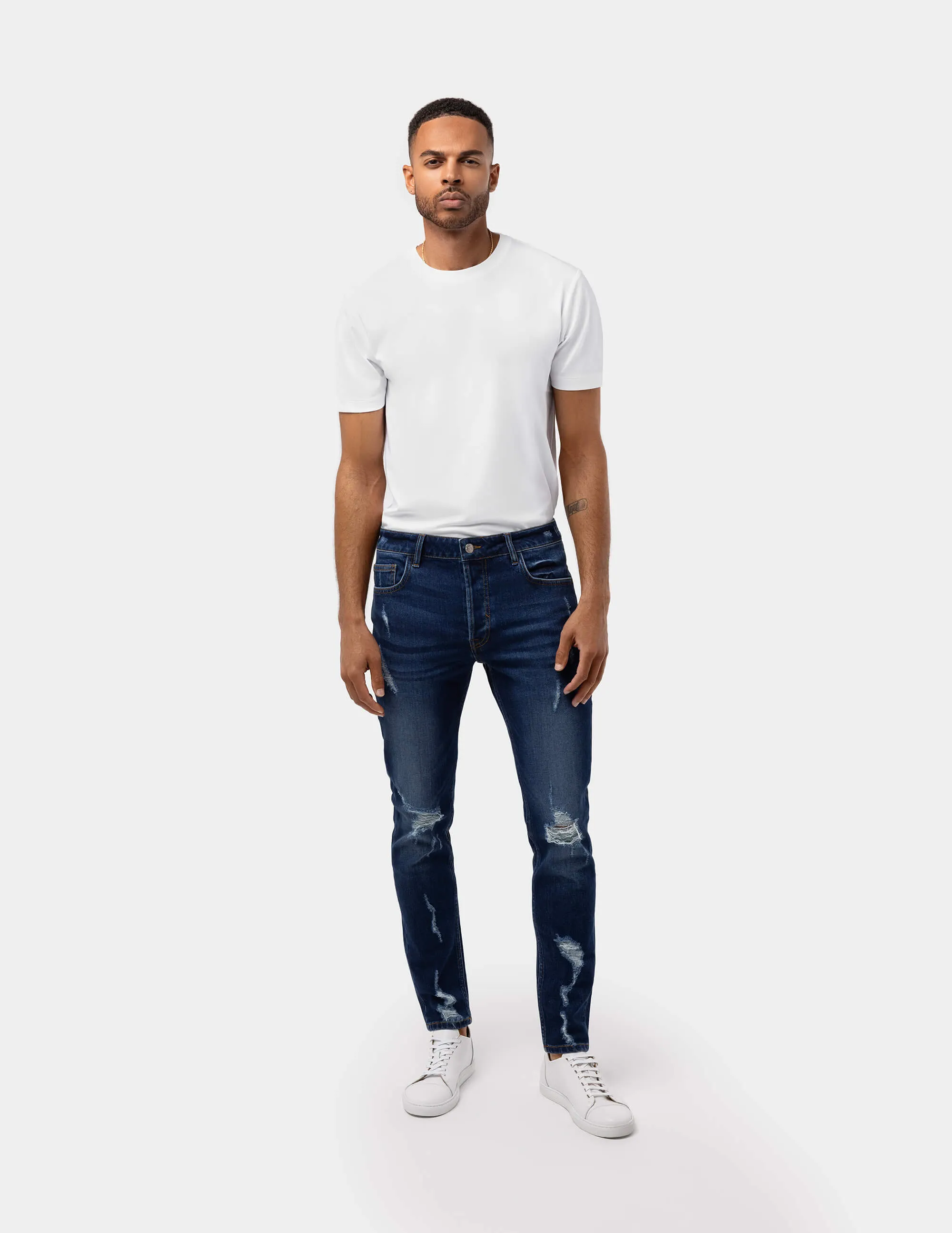 Dark Blue Distressed Slim Fit Jeans