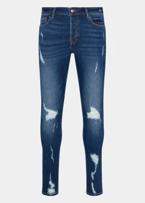 Dark Blue Distressed Slim Fit Jeans