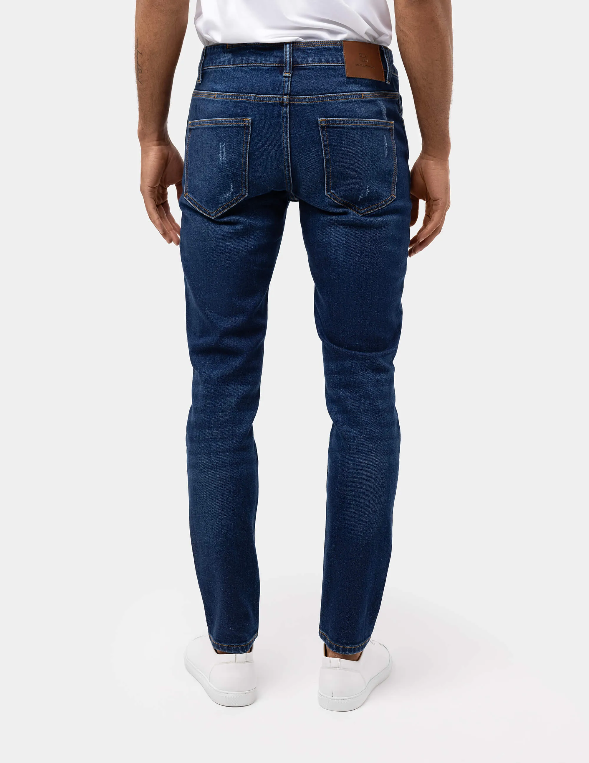 Dark Blue Distressed Slim Fit Jeans