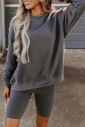 Dark Grey Solid Color Pullover and Skinny Shorts Two Piece Set