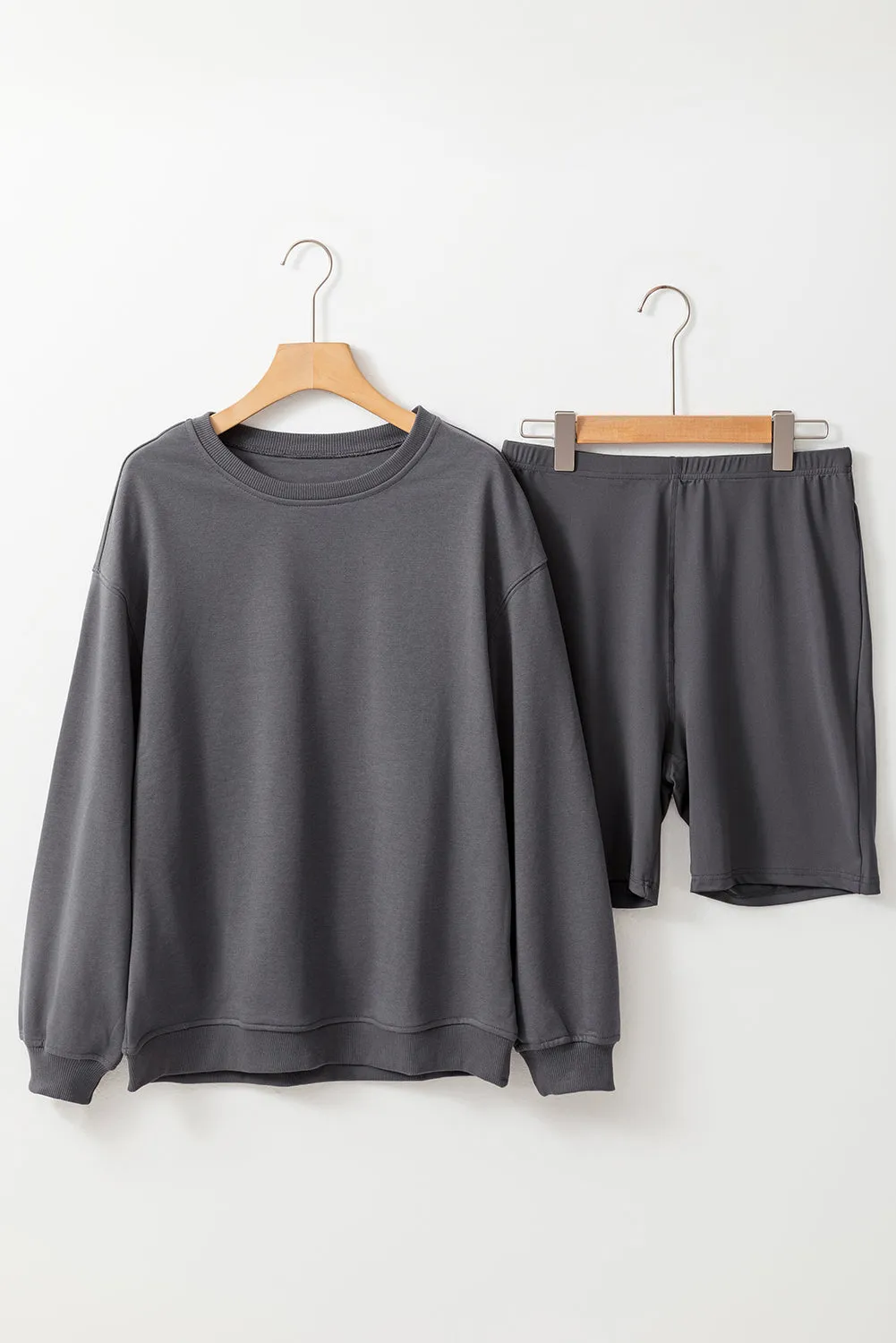 Dark Grey Solid Color Pullover and Skinny Shorts Two Piece Set