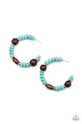 Definitely Down-To-Earth Turquoise Blue Stone and Wood Hoop Earrings - Paparazzi Accessories