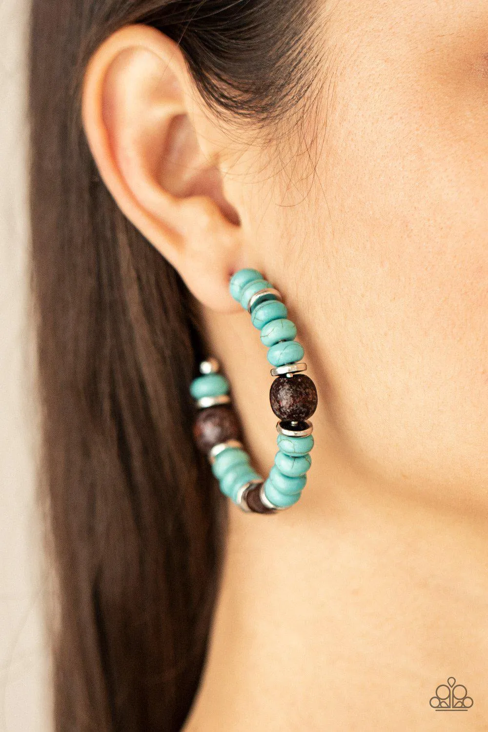 Definitely Down-To-Earth Turquoise Blue Stone and Wood Hoop Earrings - Paparazzi Accessories