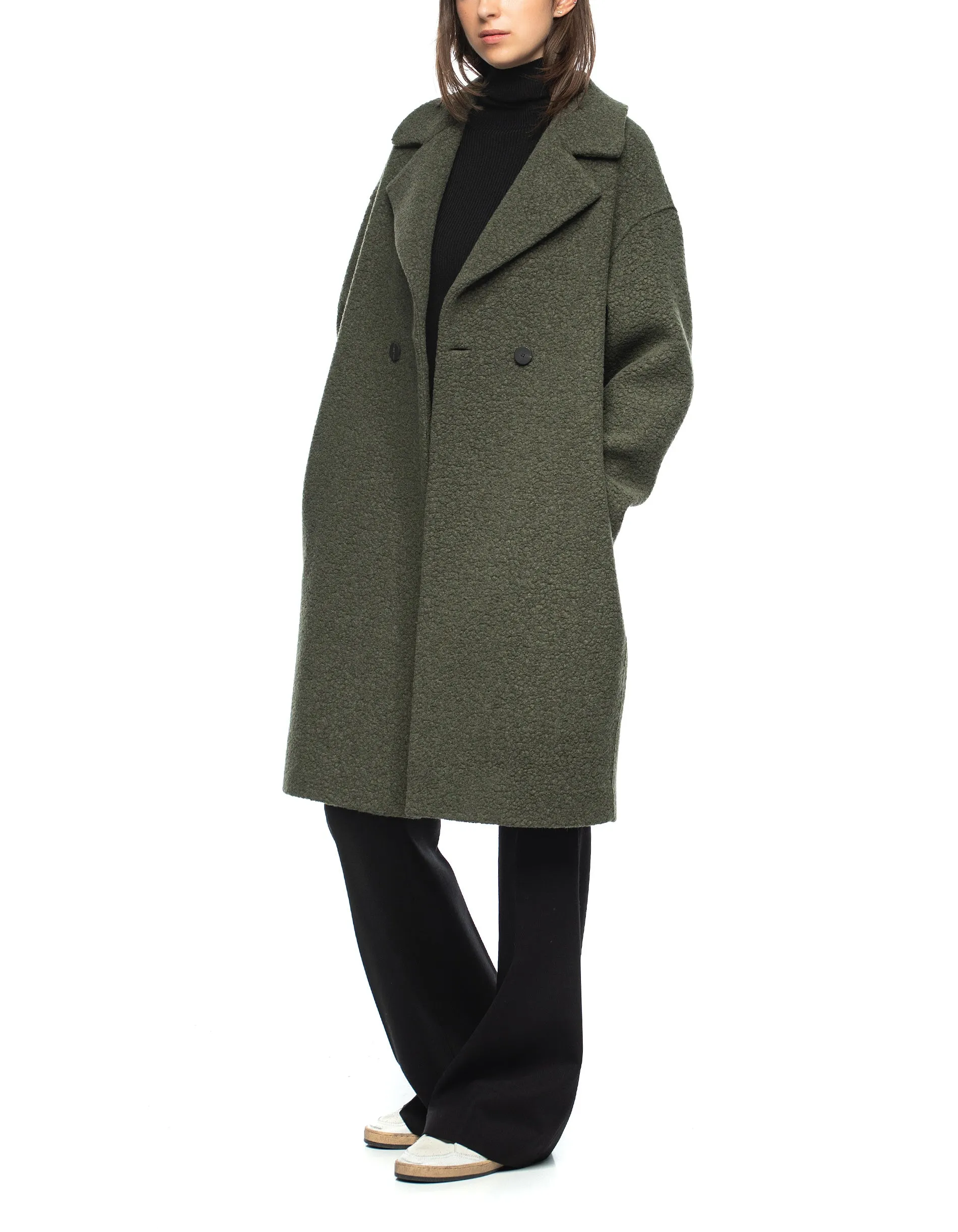 Dropped Shoulder D.B. Coat Boucle - Moss Green