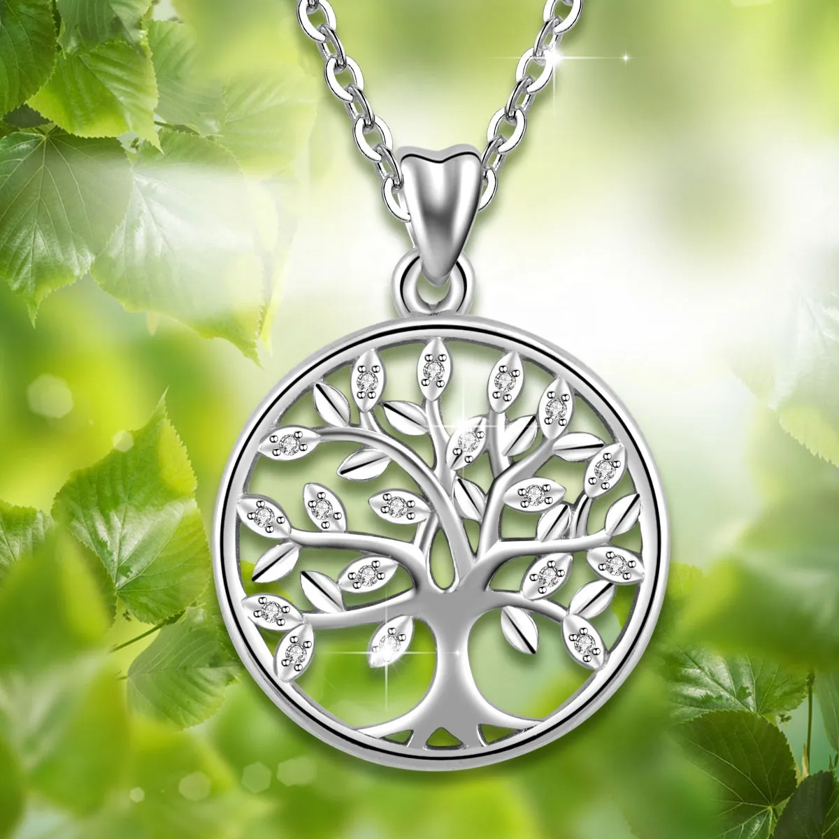 Filigree Tree of Life Crystal Medallion Necklace Sterling Silver