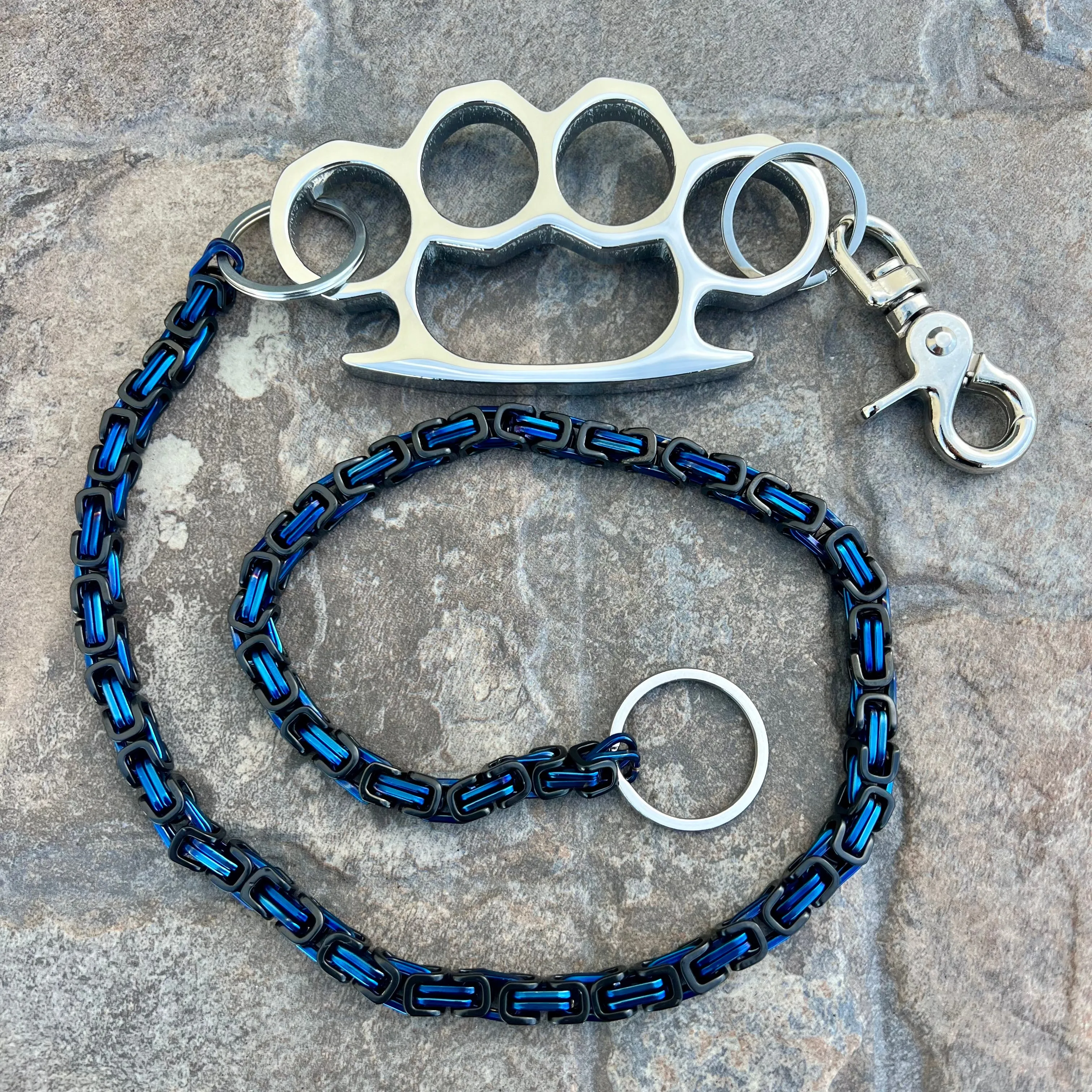 Four Finger Wallet Chain - Black & Blue Daytona Deluxe - W/ Polished Four Finger Ring - WCK25D