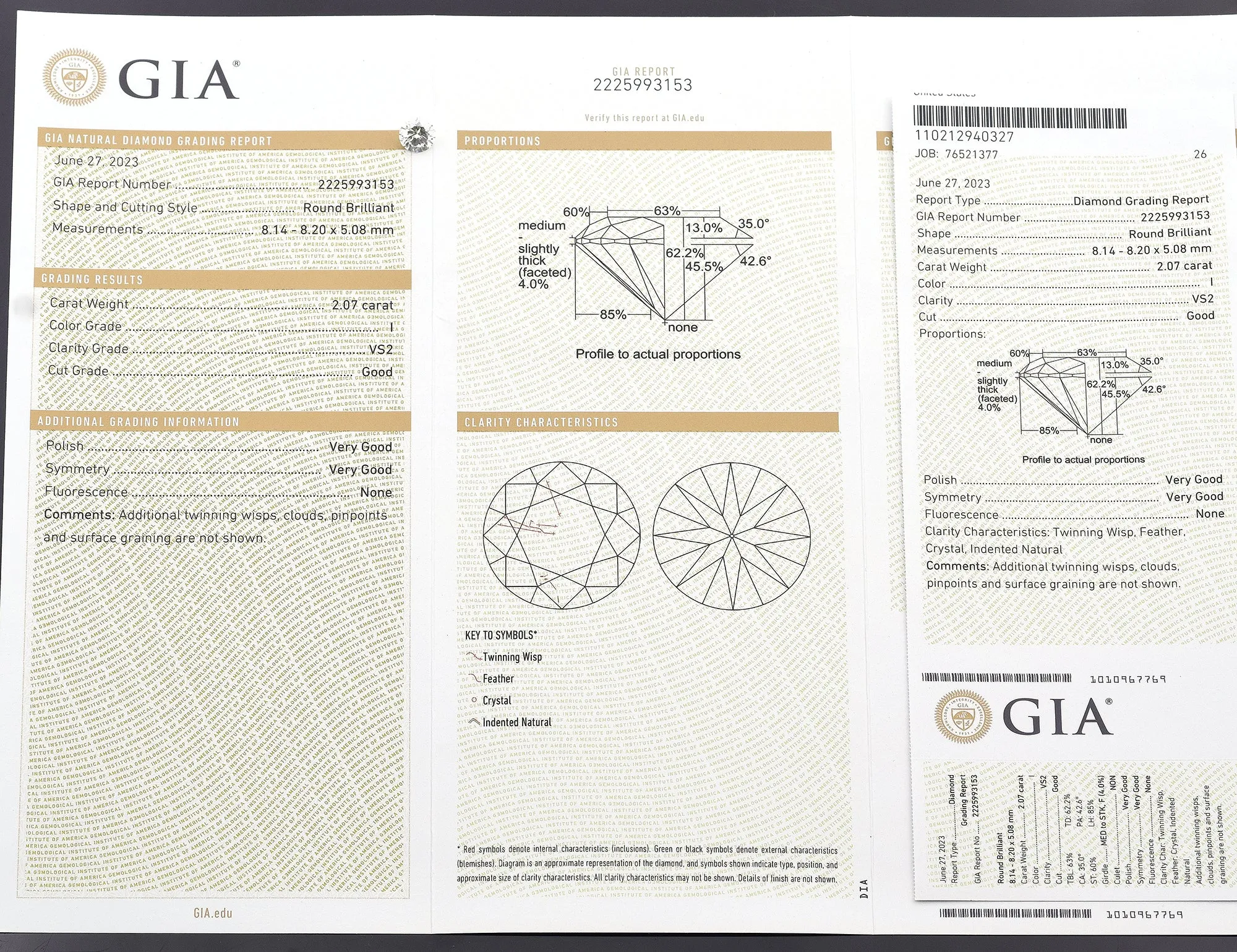 GIA Certified 2.07 Ct Round Brilliant I VS2 Diamond 8.14 - 8.20 x 5.08 mm