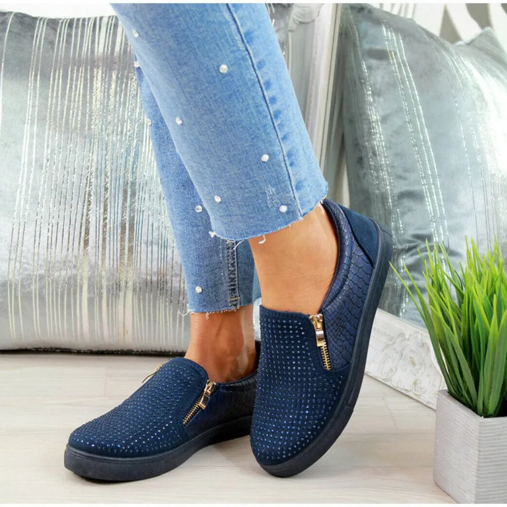 Glitter Platform Crystal Slip On Flat Loafers