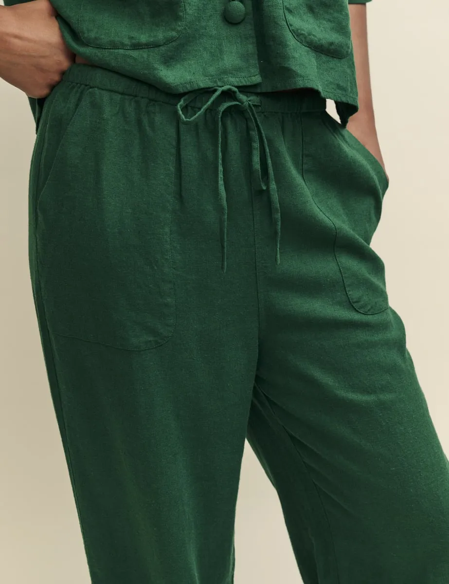 Green Linen-blend Drawstring Trousers