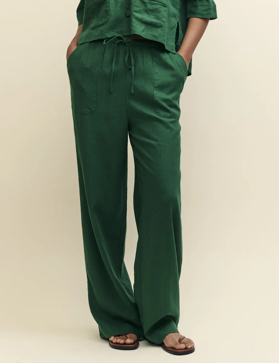 Green Linen-blend Drawstring Trousers