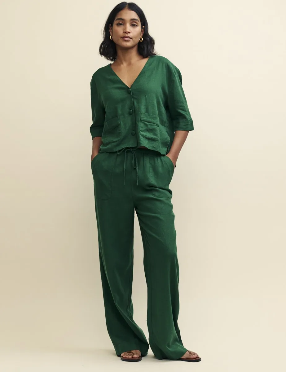 Green Linen-blend Drawstring Trousers