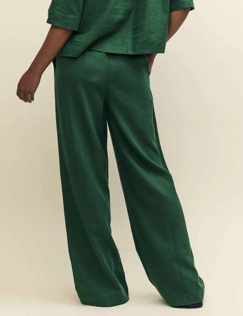 Green Linen-blend Drawstring Trousers