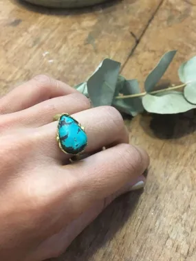 Green stone ring, brass rustic linker, real stones, turquoise stone, green quartz, perfect gift for her, one of a kind ring, organic linker