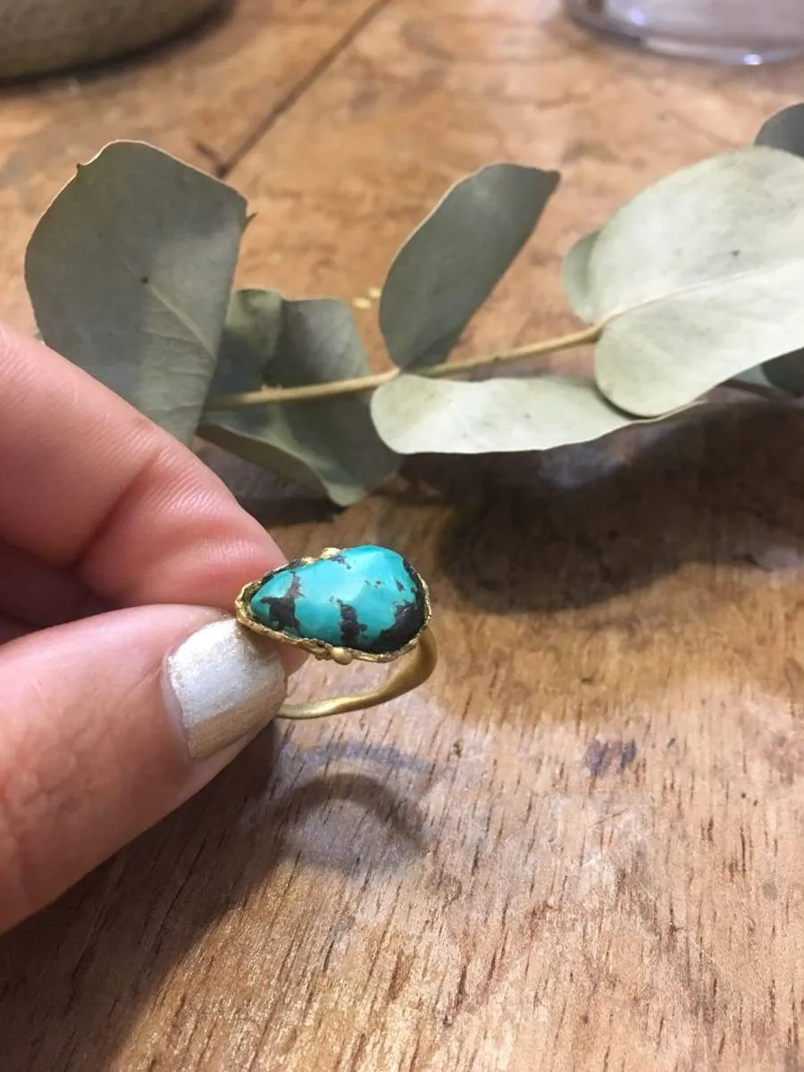 Green stone ring, brass rustic linker, real stones, turquoise stone, green quartz, perfect gift for her, one of a kind ring, organic linker