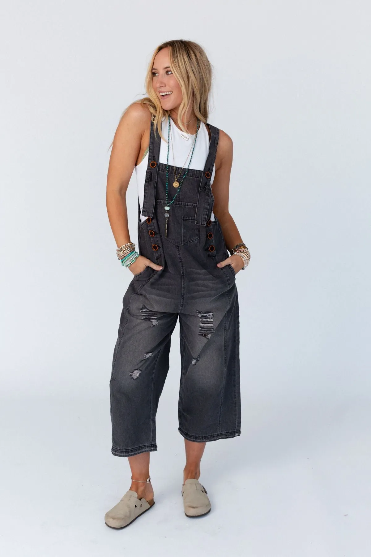 High Hopes Slouchy Pocket Denim Overalls - Black Pockets