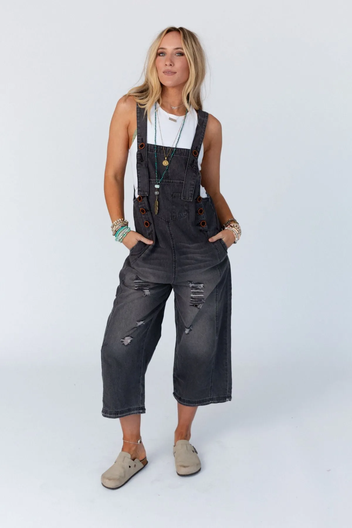 High Hopes Slouchy Pocket Denim Overalls - Black Pockets