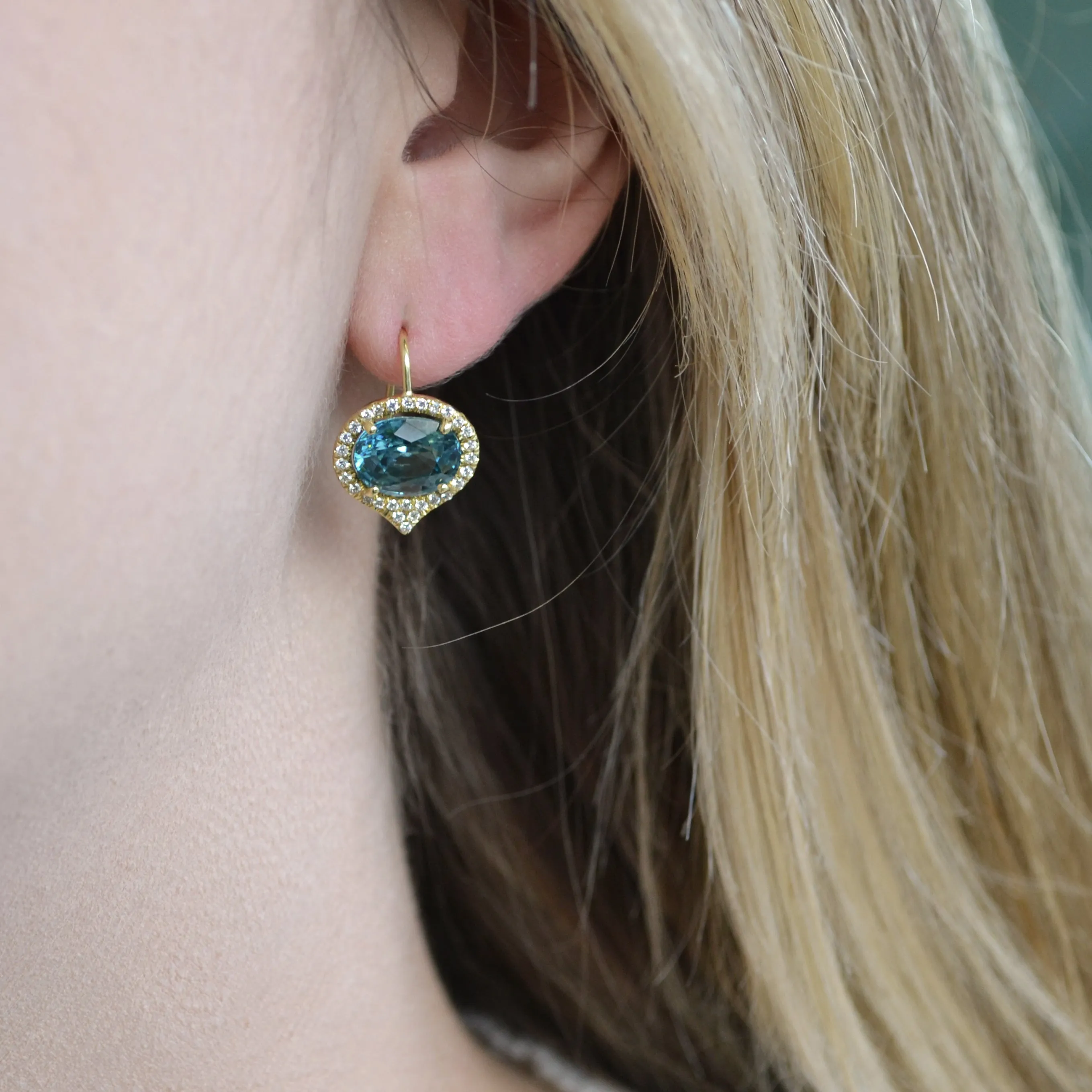 Lauren K - Drop Earrings with Blue Zircon and Diamonds, 18k Yellow Gold