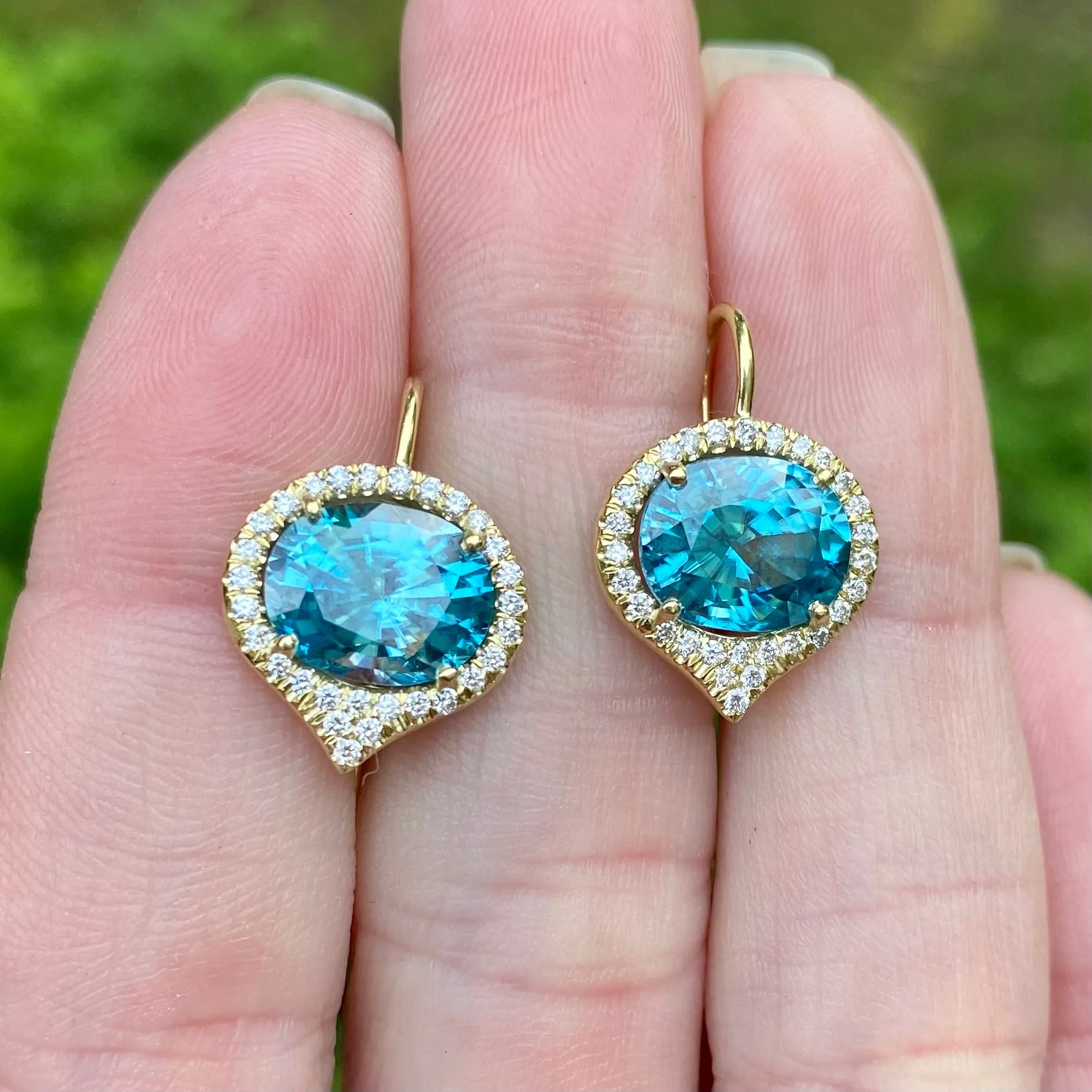 Lauren K - Drop Earrings with Blue Zircon and Diamonds, 18k Yellow Gold