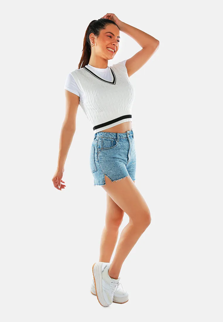 Light Blue Side Slit Raw Hem Denim Shorts