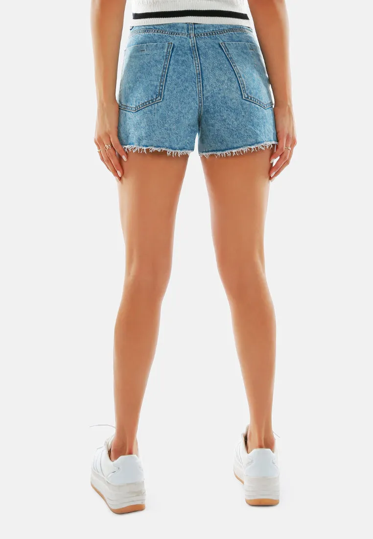 Light Blue Side Slit Raw Hem Denim Shorts