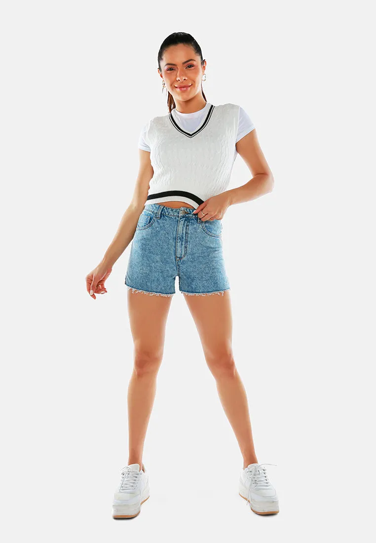 Light Blue Side Slit Raw Hem Denim Shorts