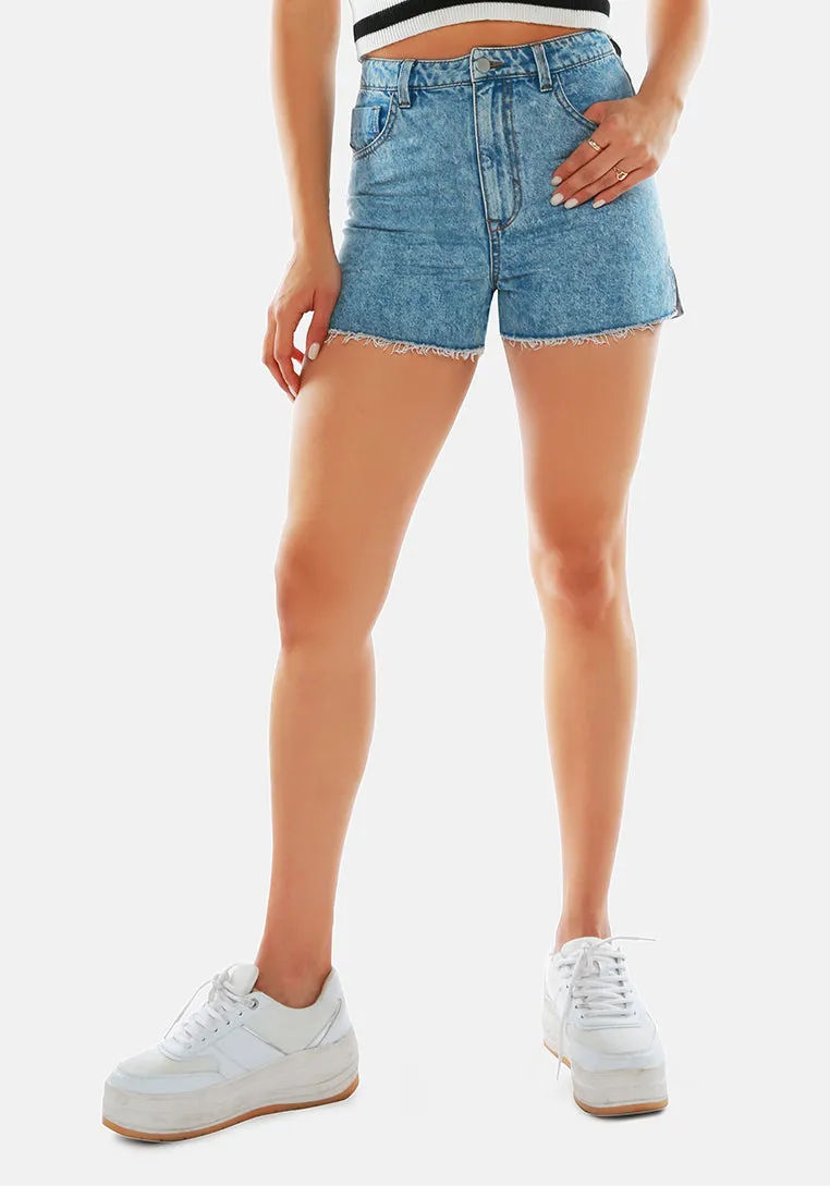 Light Blue Side Slit Raw Hem Denim Shorts