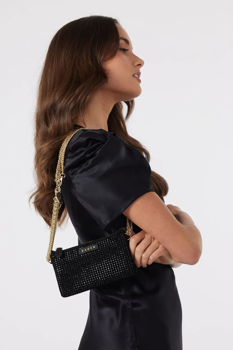 Lily Black Crystal Crossbody Bag with Gold Chain